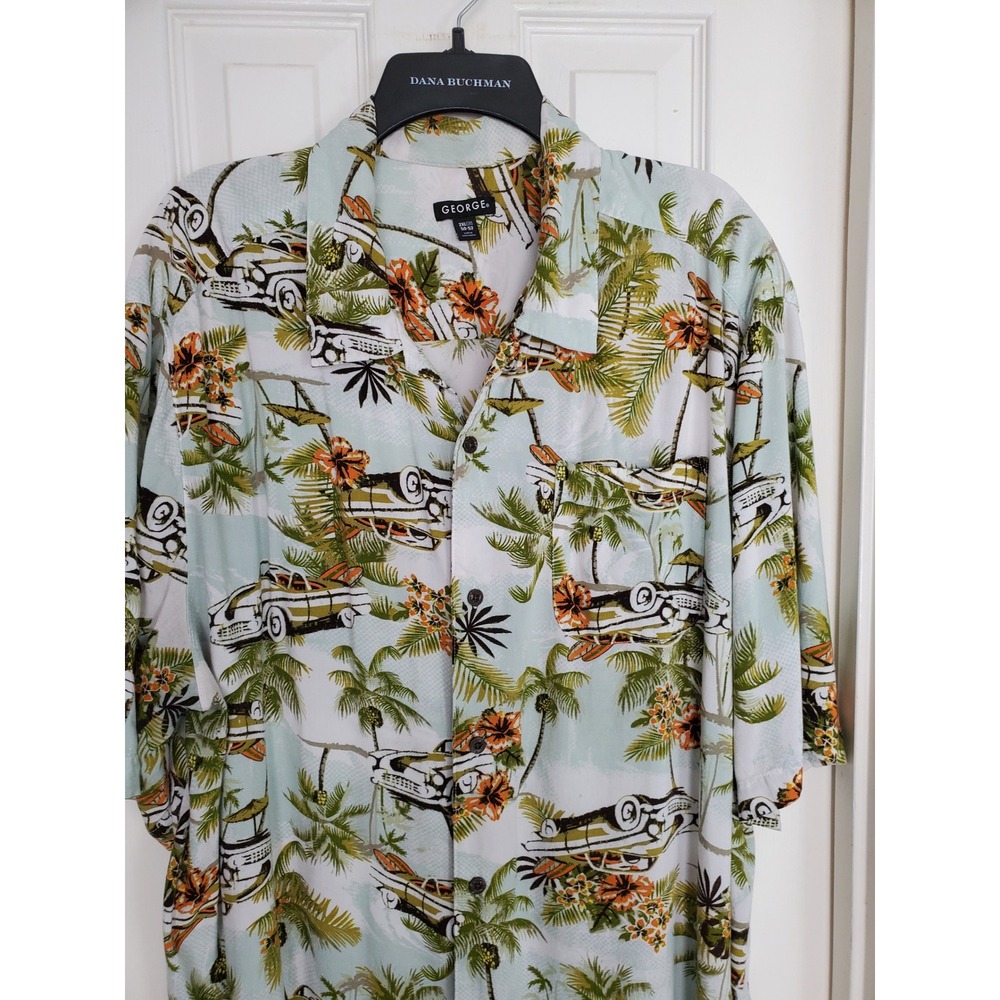 Camp Collar Button Down Shirt Tropical Classic Car Aloha Hawaiian Rayon 2XL‎